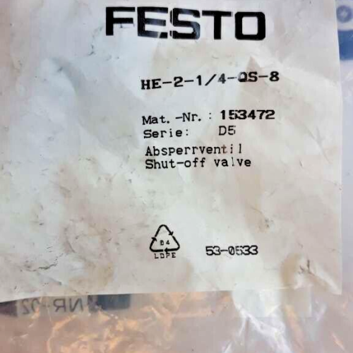 Festo  HE 2 1 4 QS 8 153472 SHUT OFF VALVE ABSPERRVENTIL HE-2-1/4-QS-8
