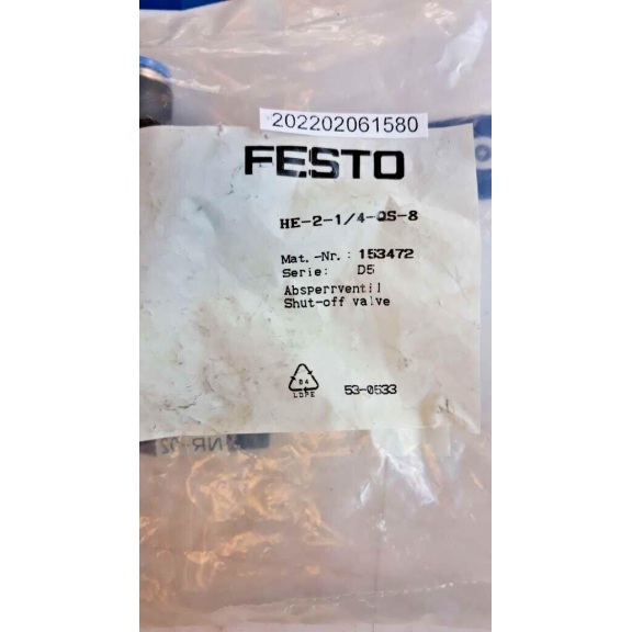 Festo  HE 2 1 4 QS 8 153472 SHUT OFF VALVE ABSPERRVENTIL HE-2-1/4-QS-8