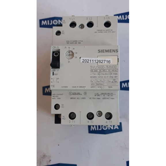 Siemens Manual Motor Controller 3VU1600 1MN00 16-25A 300A 50-60HZ new old stock Siemens Manual Motor Controller 3VU1600 1MN00 16-25A 300A 50-60HZ new old stock