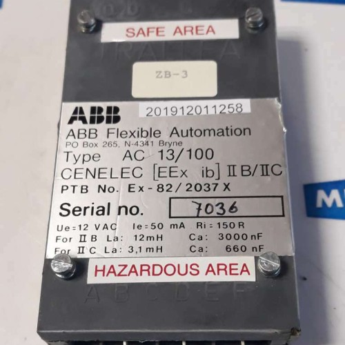 ABB TRALLFA Flexible Automation type AC 13/100 Ex 82/2037 X 12VAC ABB TRALLFA Flexible Automation type AC 13/100 Ex 82/2037 X 12VAC
