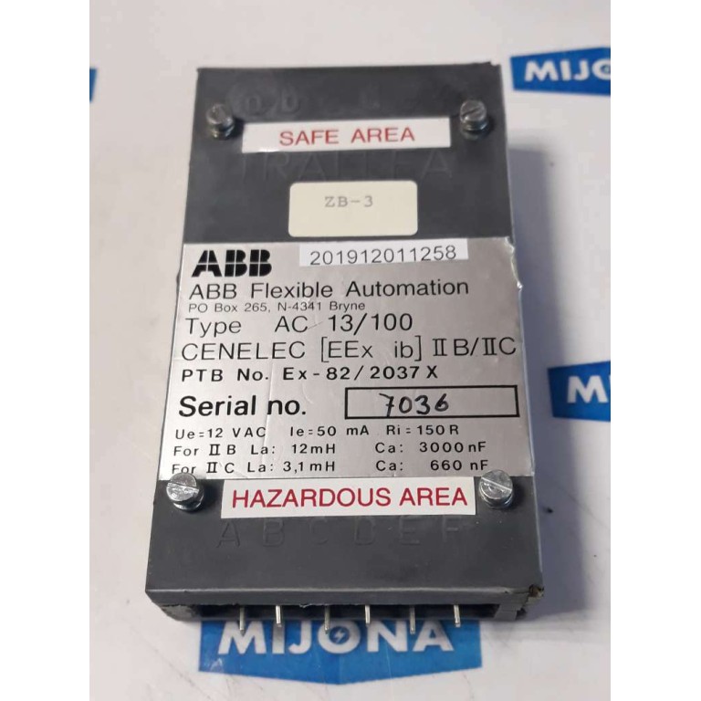 ABB TRALLFA Flexible Automation type AC 13/100 Ex 82/2037 X 12VAC