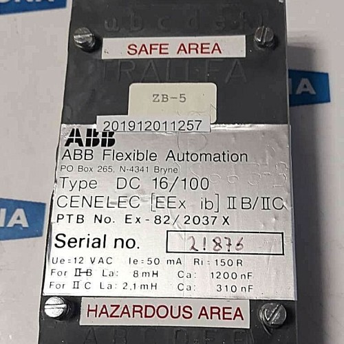 ABB TRALLFA Flexible Automation type DC 16/100 Ex 82/2037 X 12VAC ABB TRALLFA Flexible Automation type DC 16/100 Ex 82/2037 X 12VAC