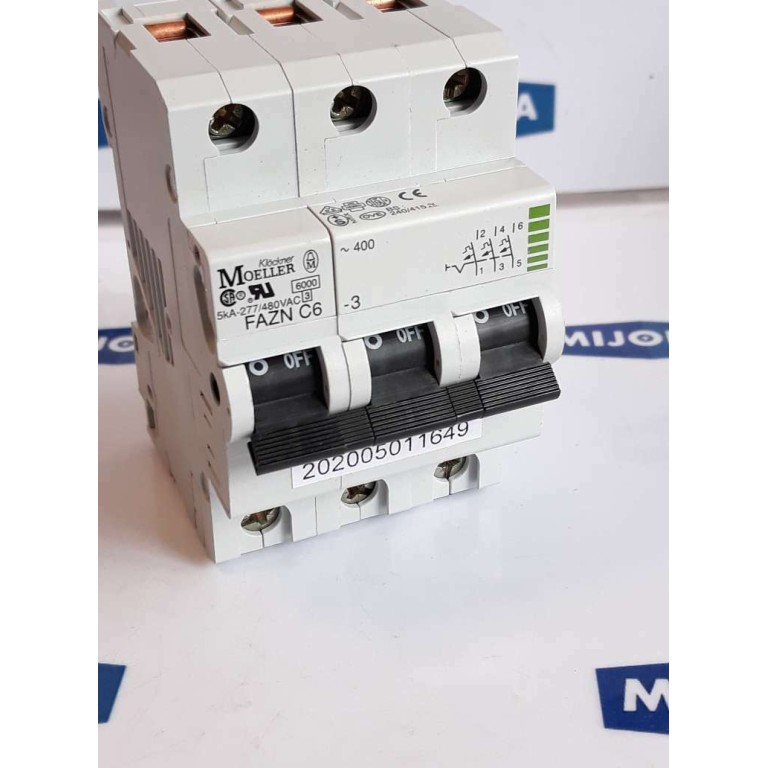 Moeller FAZN C6 3 miniature circuit breaker 5KA 277/480VAC (NEW OLD STOCK) Moeller FAZN C6 3 miniature circuit breaker 5KA 277/480VAC (NEW OLD STOCK)
