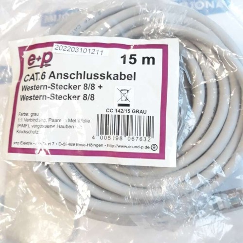 E+P ELEKTRIK CC 142 15 GREY CABLE 15M CAT.6 ANSCHLUSSKABEL WESTERN STECKER 8/8