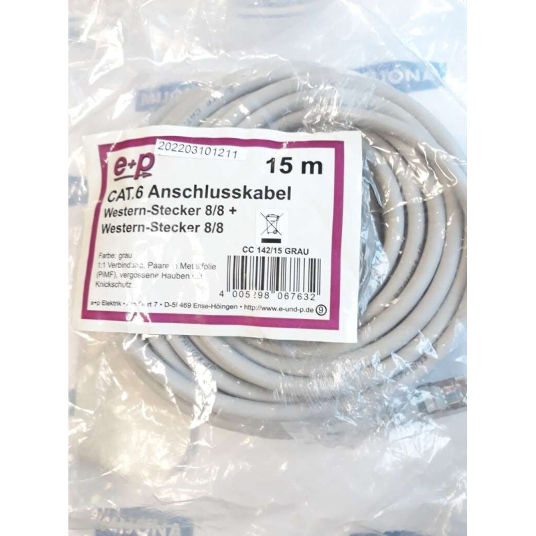 E+P ELEKTRIK CC 142 15 GREY CABLE 15M CAT.6 ANSCHLUSSKABEL WESTERN STECKER 8/8 E+P ELEKTRIK CC 142 15 GREY CABLE 15M CAT.6 ANSCHLUSSKABEL WESTERN STECKER 8/8
