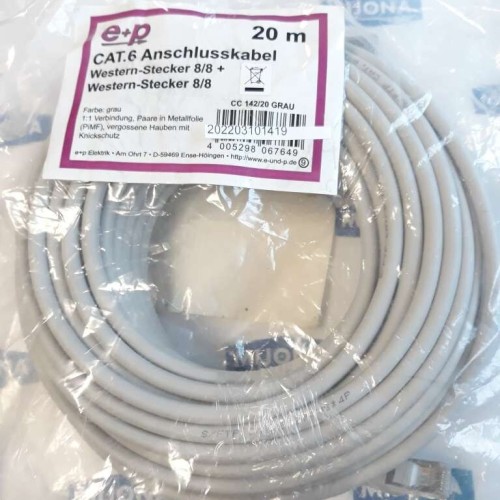 E+P ELEKTRIK CC 142 20 GREY CABLE 20M CAT.6 ANSCHLUSSKABEL WESTERN STECKER 8/8