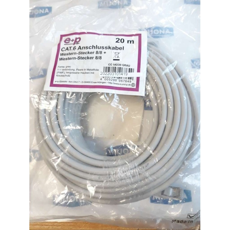 E+P ELEKTRIK CC 142 20 GREY CABLE 20M CAT.6 ANSCHLUSSKABEL WESTERN STECKER 8/8 E+P ELEKTRIK CC 142 20 GREY CABLE 20M CAT.6 ANSCHLUSSKABEL WESTERN STECKER 8/8