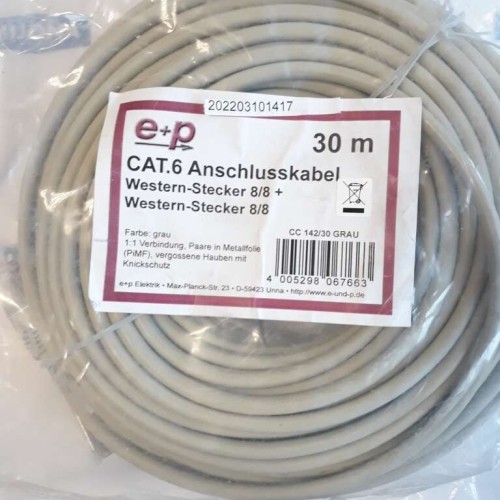 E+P ELEKTRIK CC 142 30 GREY CABLE 30M CAT.6 ANSCHLUSSKABEL WESTERN STECKER 8/8