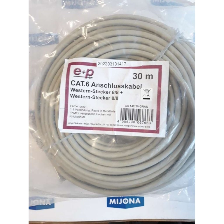 E+P ELEKTRIK CC 142 30 GREY CABLE 30M CAT.6 ANSCHLUSSKABEL WESTERN STECKER 8/8 E+P ELEKTRIK CC 142 30 GREY CABLE 30M CAT.6 ANSCHLUSSKABEL WESTERN STECKER 8/8