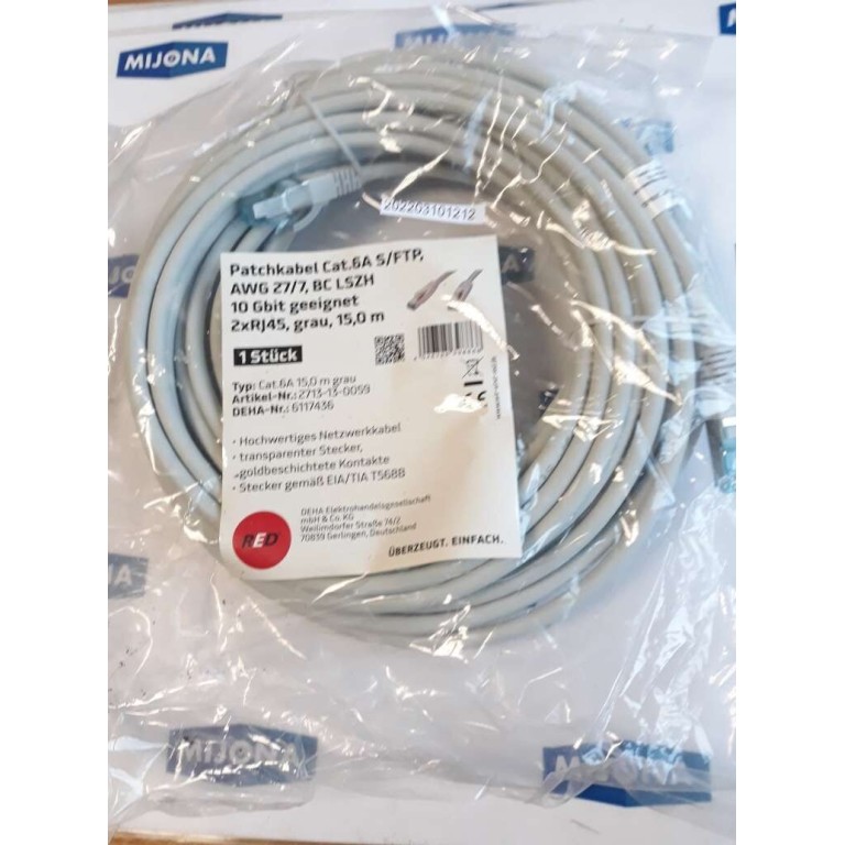 DEHA ELEKTROHANDELSGESELLSCHAFT CAT 6A 6117436 2XRJ45 2713 13 0059 GREY CABL 15m