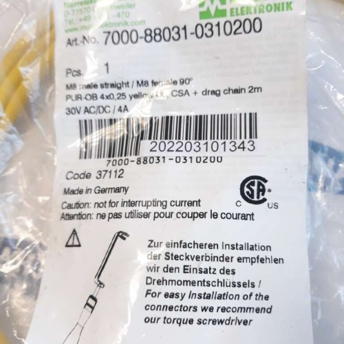 Murr Elektronik 7000 88031 0310200 M8 MALE STRAIGHT M8 FEMALE 90° 2m 30V AC DC Murr Elektronik 7000 88031 0310200 M8 MALE STRAIGHT M8 FEMALE 90° 2m 30V AC DC