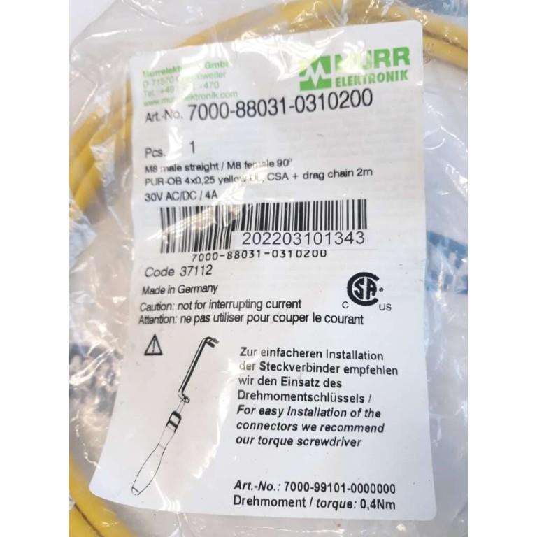 Murr Elektronik 7000 88031 0310200 M8 MALE STRAIGHT M8 FEMALE 90° 2m 30V AC DC