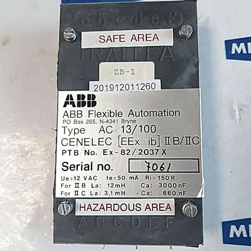 ABB TRALLFA Flexible Automation type AC 13/100 Ex 82/2037 X 12VAC ABB TRALLFA Flexible Automation type AC 13/100 Ex 82/2037 X 12VAC