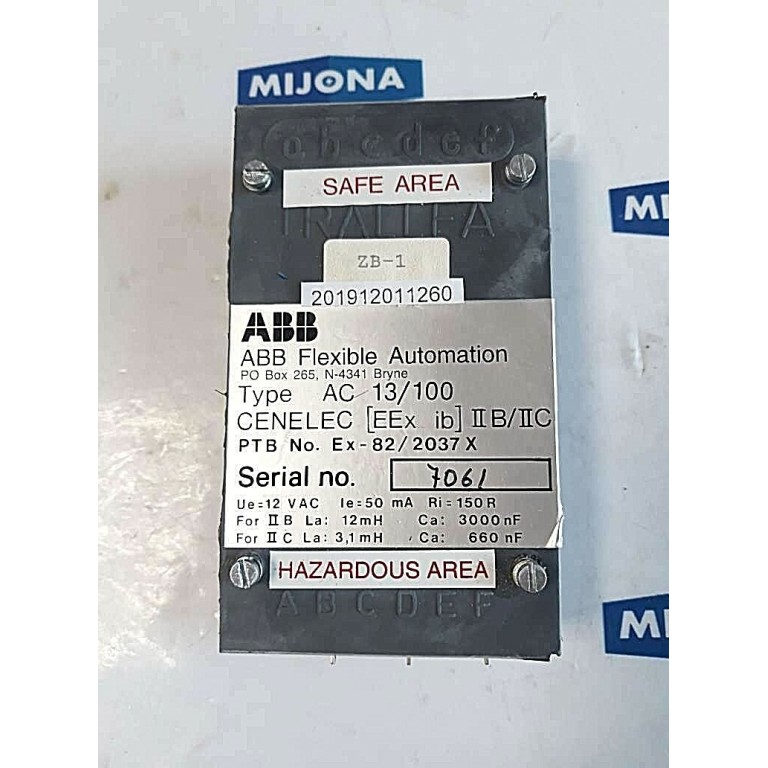 ABB TRALLFA Flexible Automation type AC 13/100 Ex 82/2037 X 12VAC
