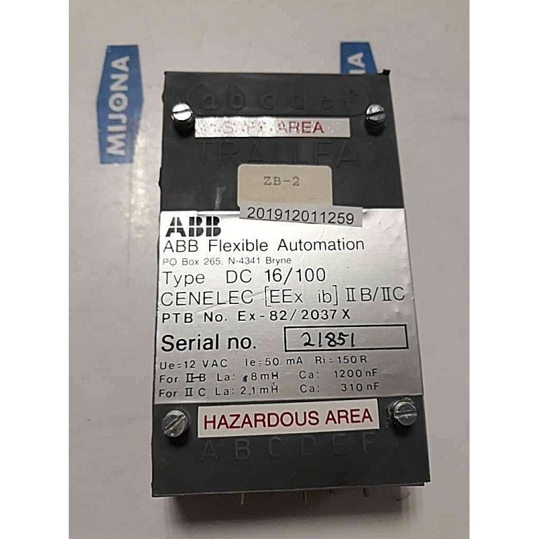 ABB TRALLFA Flexible Automation type DC 16/100 Ex 82/2037 X 12VAC