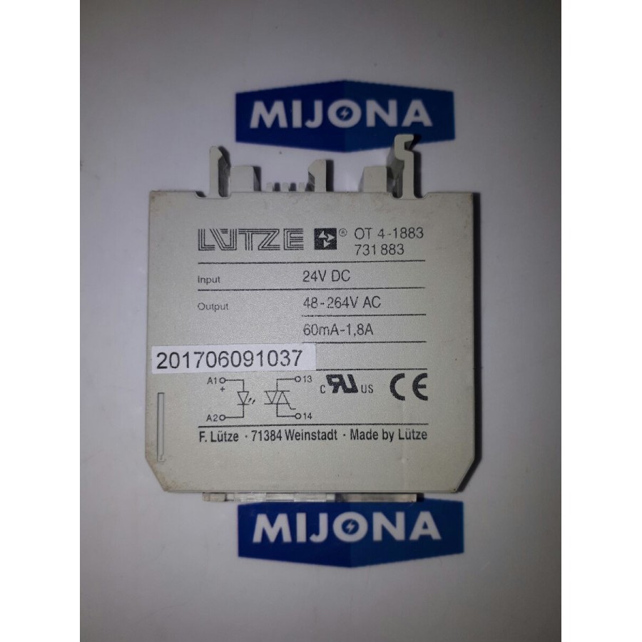 Lutze Relay OT 4-1883 731 883 Input: 24V DC Output: 48-264 V AC 60mA-1,8A Lutze Relay OT 4-1883 731 883 Input: 24V DC Output: 48-264 V AC 60mA-1,8A