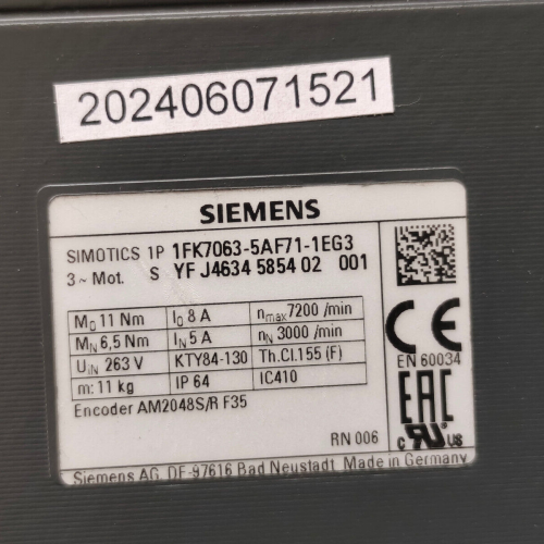 SIEMENS SIMOTICS 1P 1FK7063 5AF71 1EG3 new old stock