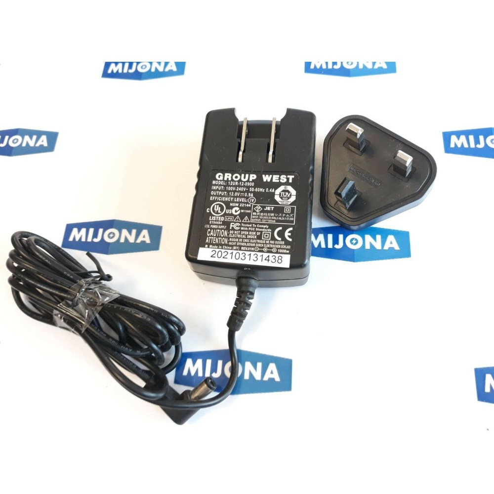 GROUP WEST 12UR 12 0900 IN: 100V 240V 50-60HZ 0.4A OUT: 12V 0.9A CABLE=1.5M