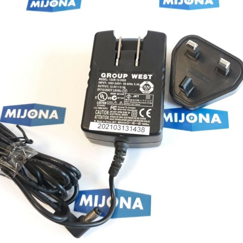 GROUP WEST 12UR 12 0900 IN: 100V 240V 50-60HZ 0.4A OUT: 12V 0.9A CABLE=1.5M