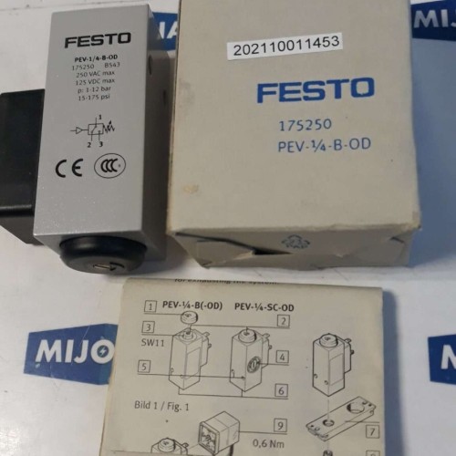 FESTO 175250 PEV 1/4 B OD 250VAC 125VDC 1-12BAR 15-175PSI NEW OLD STOCK