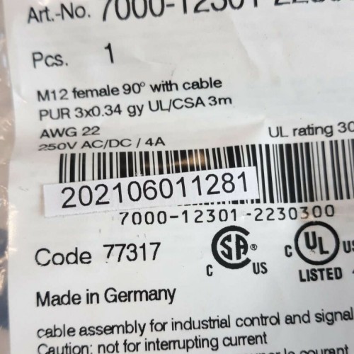 Murr Elektronik 7000 12301 2230300 FEMALE M12 90°C cable 3m 250V AC DC 4A Murr Elektronik 7000 12301 2230300 FEMALE M12 90°C cable 3m 250V AC DC 4A