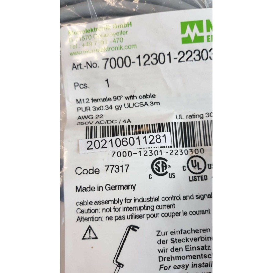 Murr Elektronik 7000 12301 2230300 FEMALE M12 90°C cable 3m 250V AC DC 4A