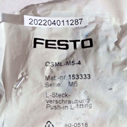 FESTO QSML M5 4 153333 M6 PUSH IN L FITTING QSML-M5-4 price for 10 psc FESTO QSML M5 4 153333 M6 PUSH IN L FITTING QSML-M5-4 price for 10 psc