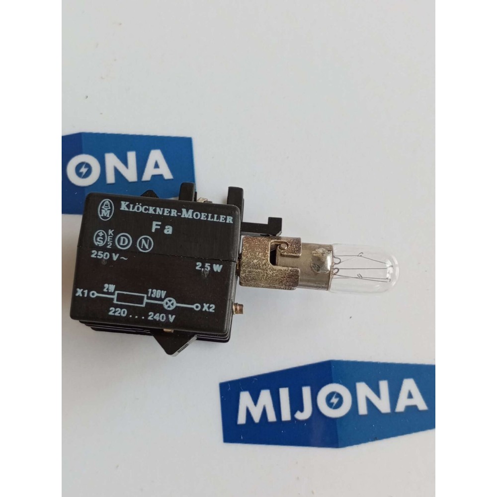 Moeller FA bulb socket for front fixing BA9s 220 240V (new old stock) Moeller FA bulb socket for front fixing BA9s 220 240V (new old stock)