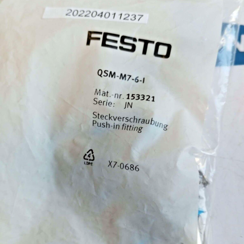 FESTO QSM M7 6 I 153321 PUSH IN FITTING QSM-M7-6-I price for 10 psc FESTO QSM M7 6 I 153321 PUSH IN FITTING QSM-M7-6-I price for 10 psc