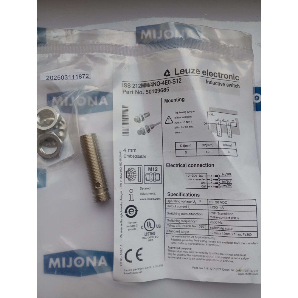Leuze ISS 212MM 4NO 4E0 S12 4mm M12 INDUCTIVE SWITCH  ISS 212MM/4NO-4E0-S12