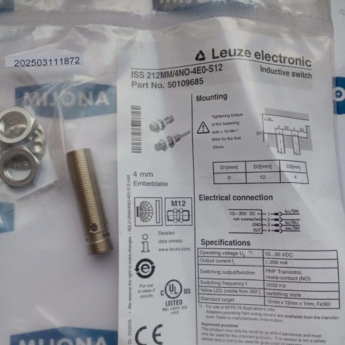 Leuze ISS 212MM 4NO 4E0 S12 4mm M12 INDUCTIVE SWITCH  ISS 212MM/4NO-4E0-S12
