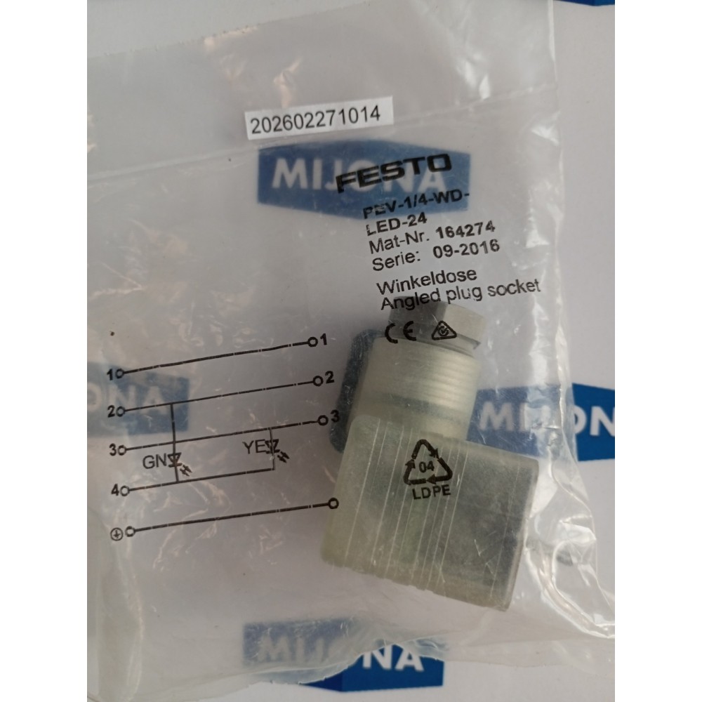 FESTO 164274 ANGLED PLUG SOCKET PEV 1/4 WD LED 24 FESTO 164274 ANGLED PLUG SOCKET PEV 1/4 WD LED 24