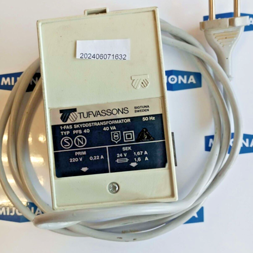 Tufvassons Typ: PFS 40  1 FAS SKYDDSTRANSFORMATOR 50HZ 40VA 220V 0,22A 24V 1,67A