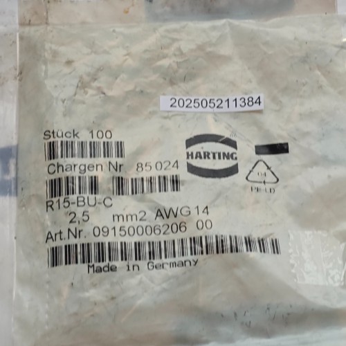 Preis pro 98 Stück Harting R15 BU C 2,5 MM2 AWG 14 R15-BU-C (new old stock) Preis pro 98 Stück Harting R15 BU C 2,5 MM2 AWG 14 R15-BU-C (new old stock)
