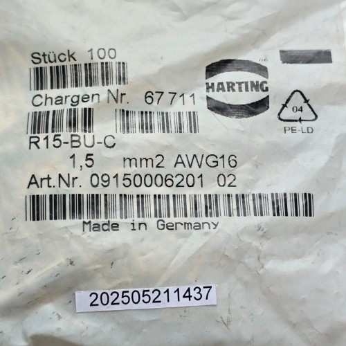 Preis pro 100 Stück Harting R15 BU C 1,5 MM2 AWG 16 R15-BU-C (new old stock) Preis pro 100 Stück Harting R15 BU C 1,5 MM2 AWG 16 R15-BU-C (new old stock)