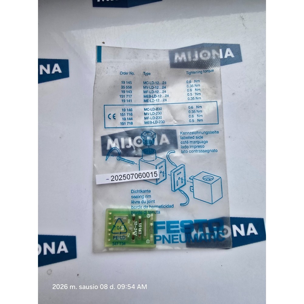 Festo PNEUMATIC 19143 12-24V MF LD 12 24 0,6Nm sealing rim Festo PNEUMATIC 19143 12-24V MF LD 12 24 0,6Nm sealing rim