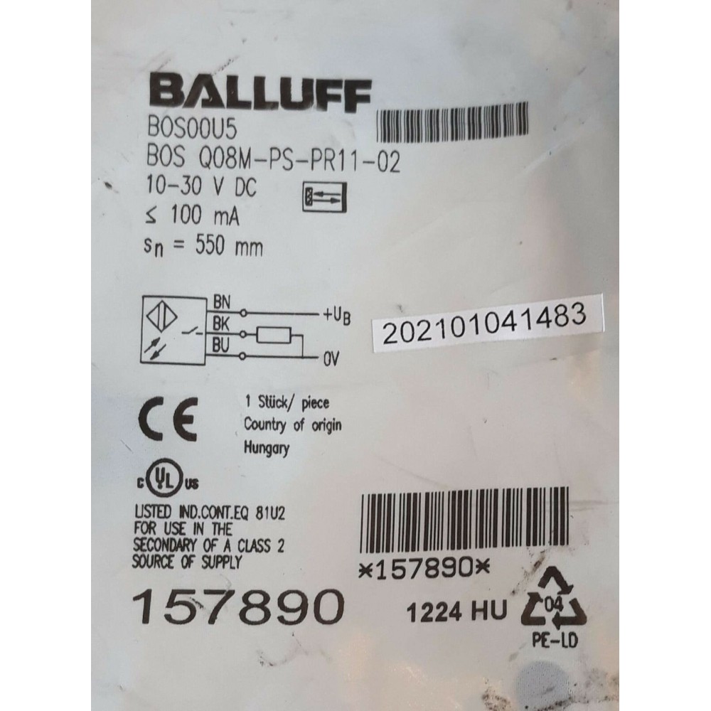 BALLUFF BOS00U5 BOS Q08M PS PR11 02 10-30V DC 100mA 550mm 1223HU Photoelectric