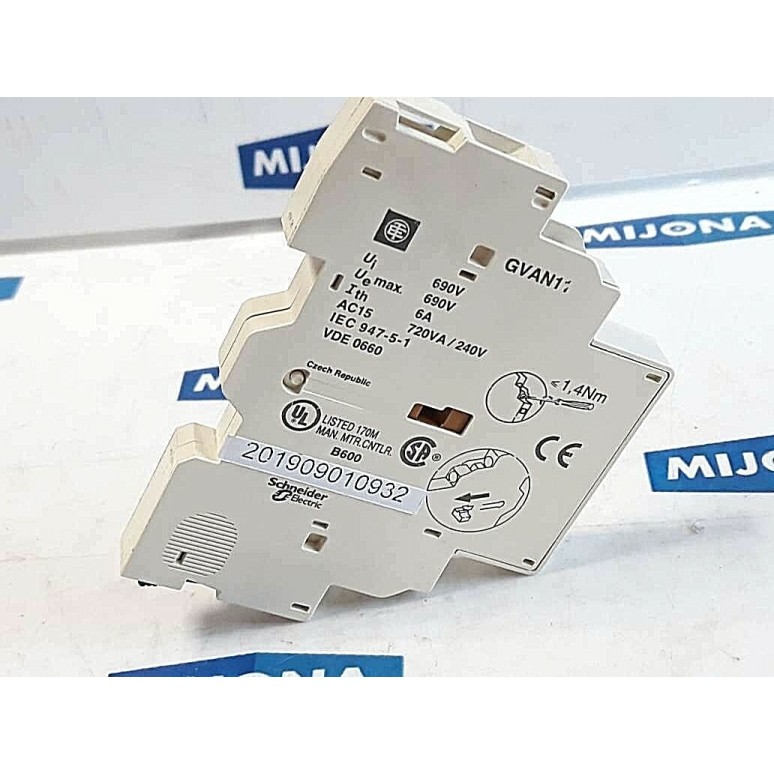 Schneider GVAN11 690V 6A AC15 720VA/240V 1.4Nm Side Mount Aux Contact Block Schneider GVAN11 690V 6A AC15 720VA/240V 1.4Nm Side Mount Aux Contact Block