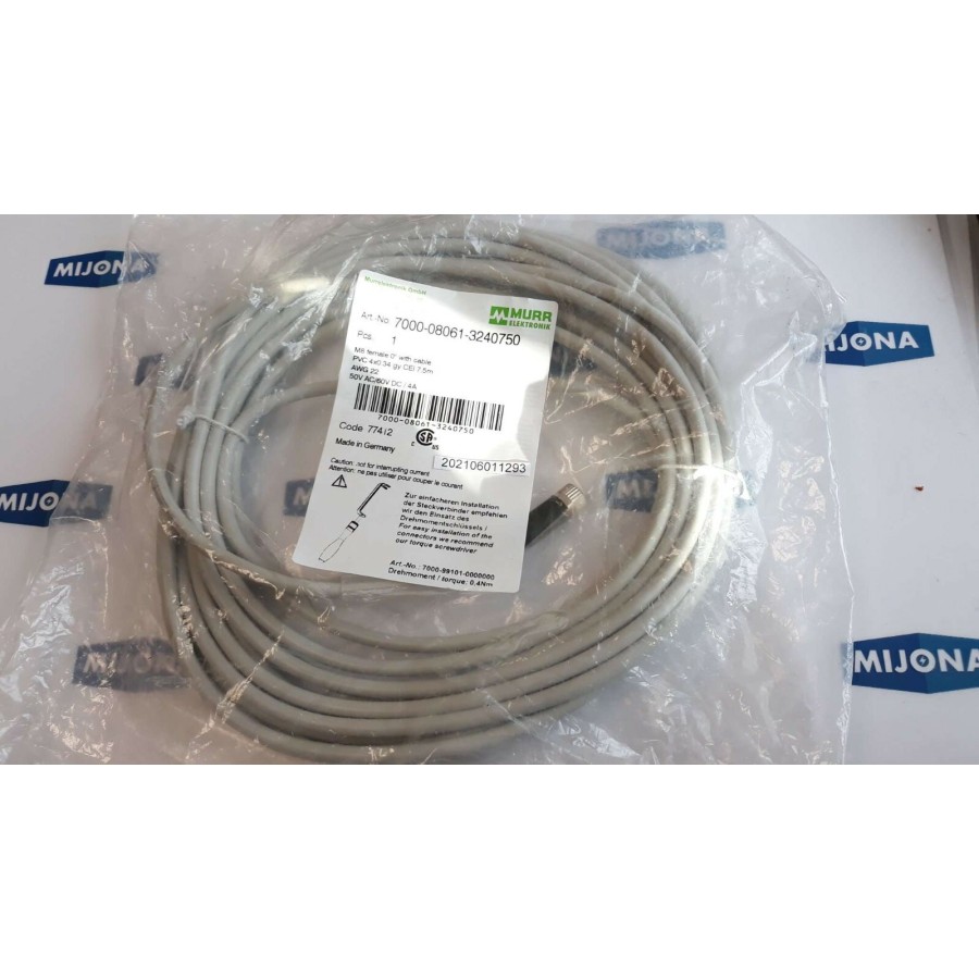 Murr Elektronik 7000 08061 3240750 M8 MALE M8 FEMALE cable 7.5m 50V AC 60V DC 4A Murr Elektronik 7000 08061 3240750 M8 MALE M8 FEMALE cable 7.5m 50V AC 60V DC 4A