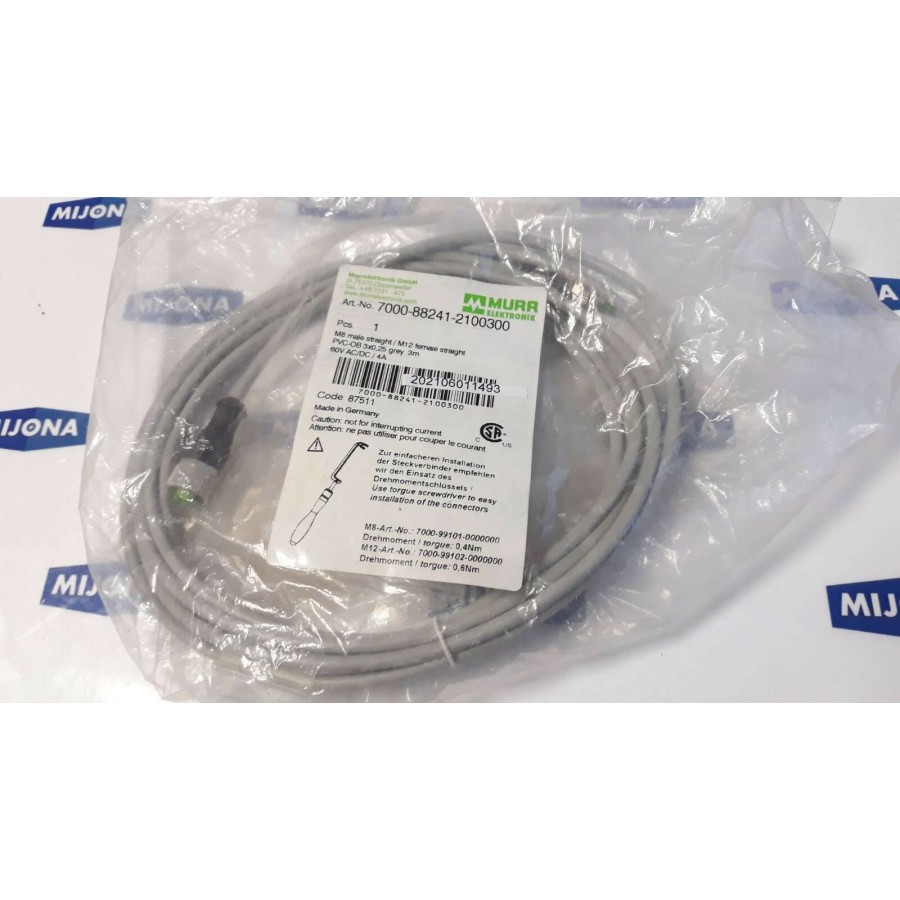 Murr Elektronik 7000 88241 2100300 M8 MALE M12 FEMALE STRAIGHT 3m GREY CABLE